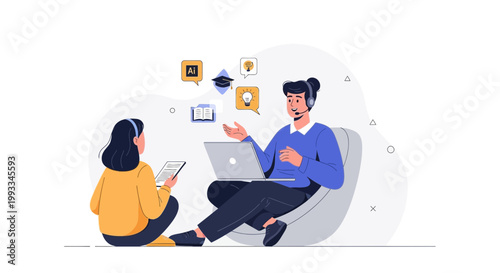 Online Learning: Student and Tutor with Laptop and Tablet Discussing AI and Ideas