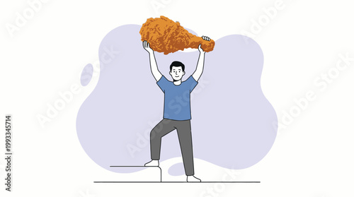 Man Lifting Giant Crispy Fried Chicken Thigh Above Head Like Victory T