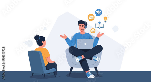 Online Learning and Support: Man with Laptop and Woman in Discussion