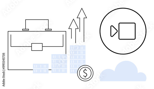 Business growth, digital communication, finance, cloud storage, online meetings, and data analysis. Briefcase, chart with arrows money video call icon and cloud. Business growth and digital