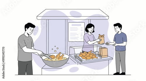 Fried Chicken Street Food Vendor Illustration: Vendors Cooking and Ser