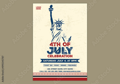Editable 4th of July Independence Day Celebration Flyer Design with Statue of Liberty Illustration and Event Details.