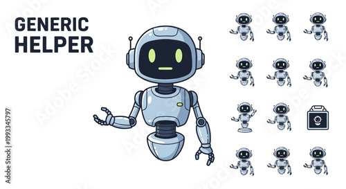 Robot with headset and small robots.