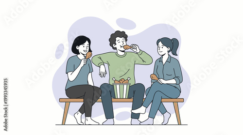 Happy friends eating crispy fried chicken legs from bucket while sitti