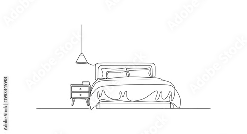 Minimalist Bedroom Line Art: Bed, Nightstand, and Pendant Lamp - Clean Design