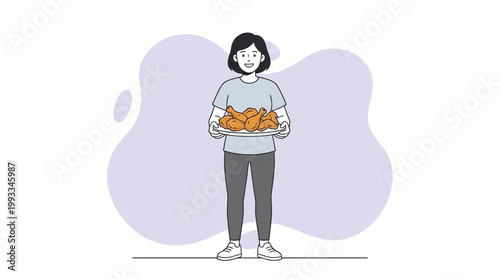 Smiling Young Woman Holding a Plate of Crispy Fried Chicken Drumsticks
