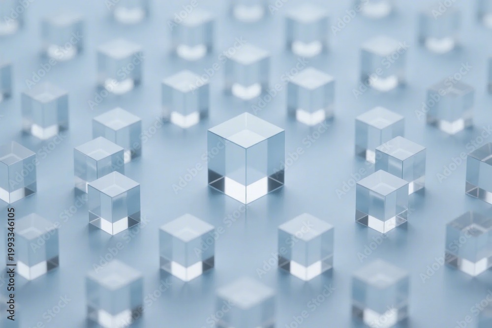 Obraz premium Array of transparent glass cubes arranged in a grid pattern on a reflective surface