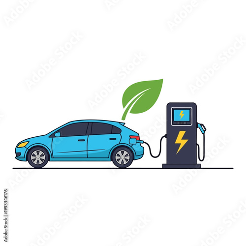 Blue electric car charging at a station with a green leaf symbol, symbolizing eco-friendly transport.