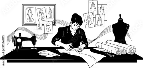 Fashion designer and tailor silhouettes set, clothing fitting scenes with clients, dressmaking studio workflow, sewing machine work and garment consultation isolated vector