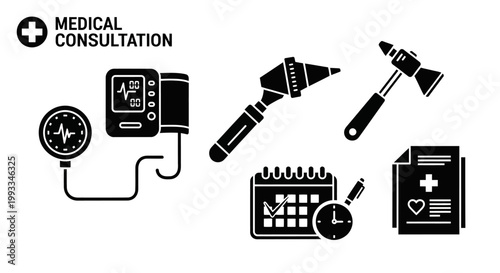 Medical Consultation Icons: Blood Pressure, Otoscope, Reflex Hammer, Calendar, Document