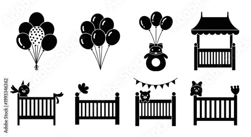 Baby Nursery Icons: Cribs, Balloons, and Cute Animals Silhouette Collection