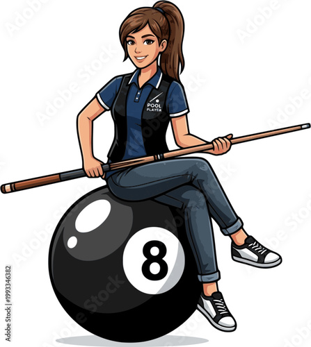 Girl holding billiard cue and sitting on a big 8 ball, isolated on white background. Pool or snooker player print or poster design. Vector illustration. on white background