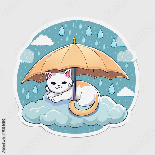 Cute Cat Under Umbrella on Cloud in Rain