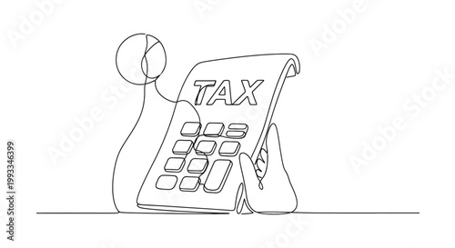 Hand holding calculator with TAX on screen, tax calculation concept, line art illustration