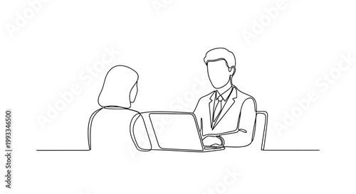 Business meeting, job interview, or consultation: continuous line drawing of two people at a desk with a laptop.
