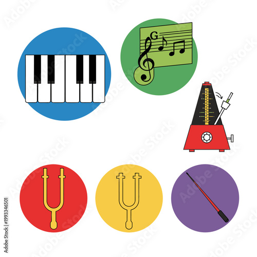 Musical Instruments and Symbols Collage: Piano, Tuning Forks, Metronome, Music Notes, Baton