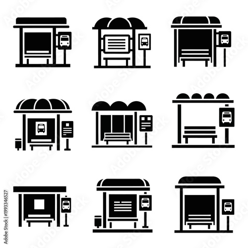 Bus Stop Icons: Collection of Modern Public Transport Shelter Designs