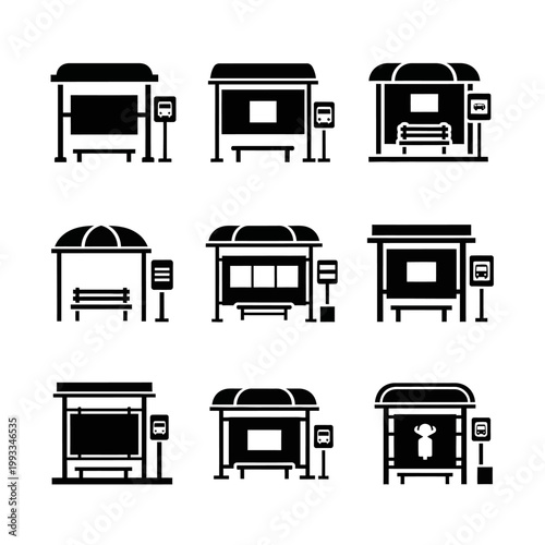 Set of Black Icons: Bus Stop Shelters, Public Transport Waiting Areas, Urban Street Furniture
