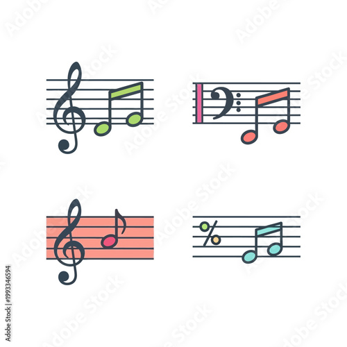Colorful Musical Notes on Staves with Treble and Bass Clefs