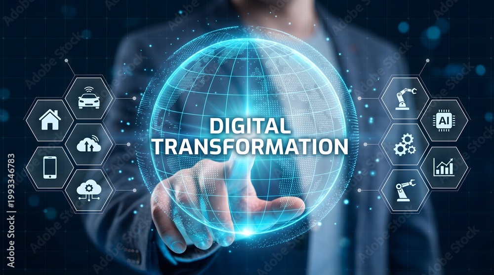 Fototapeta premium Conceptual close up of an executive finger interacting with a glowing blue holographic sphere displaying digital transformation text amidst interconnected smart industry icons in a dark futuristic.