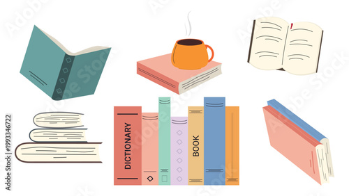 Vector illustration of books collection and reading elements. Concept of reading, education, literature, library, and knowledge