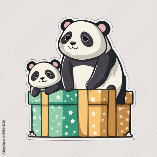 Two cute pandas sitting on gift boxes