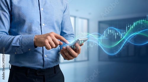 Cinematic closeup of a faceless businessman in a blue shirt holding a smartphone as glowing neon financial charts and digital waves float in the air, symbolizing real-time stock market analysis.