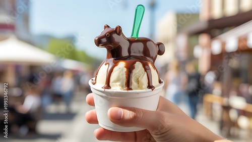 Hand holding vanilla ice cream cup with chocolate bear and topping