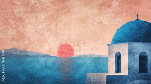 Minimalist watercolor of a Greek Santorini scene. Isolated blue-domed church facade with lake reflections, a distant mountain silhouette, and a textured crimson sun