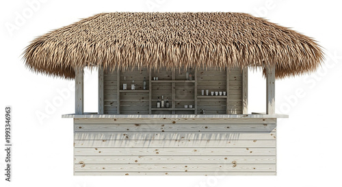 Tropical Beach Hut Bar with Thatched Roof, Isolated on White