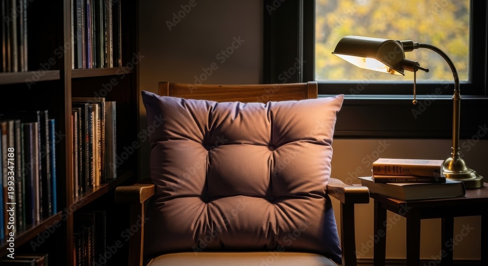 Fototapeta premium Deeply Padded Tufted Cushion in a Muted Lavender Shade Resting on a Chair for Enhanced Comfort and Style