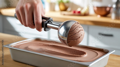 Hand scoops rich chocolate ice cream from a container with a metal scoop
