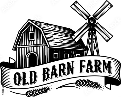 Farmer plowing field with horses near large barn, vintage rural farm landscape silhouette vector, agricultural life and livestock animal illustration.