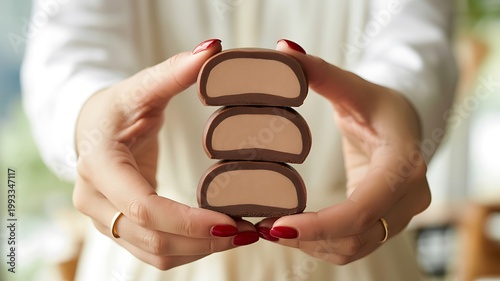 Hands display delicious stack of chocolate mochi desserts with soft creamy filling