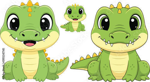 Cute baby crocodile cartoon character set, friendly green alligator vector illustrations, happy reptile mascot collection for children