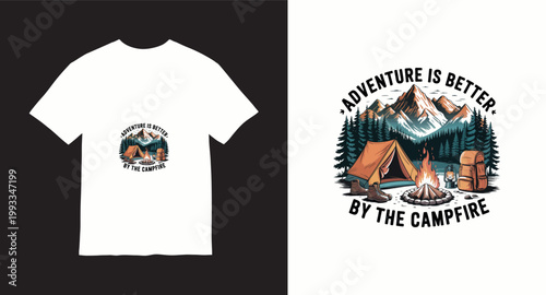 Adventure is better by campfire vintage t-shirt design with mountains and tent illustration.