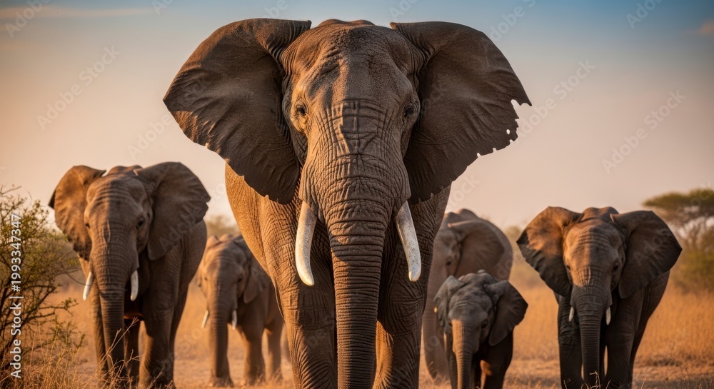 Fototapeta premium A herd of elephants walking together in a natural landscape with a clear blue sky