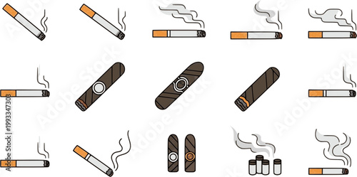 Cigarette icon vector set. Cigar illustration sign collection. smoke symbol. Cigaret vector icons. Cigarette icon set. Smoking concept icon.