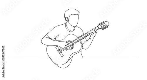 Minimalist Line Art of a Person Playing Guitar, Single Line Drawing, Musician Concept