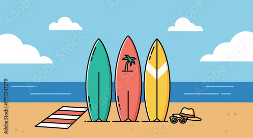 Three colorful surfboards standing upright on a sandy beach.