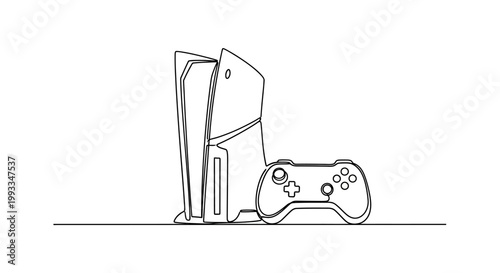 PlayStation 5 Console and DualSense Controller Line Art Icon - Gaming Technology