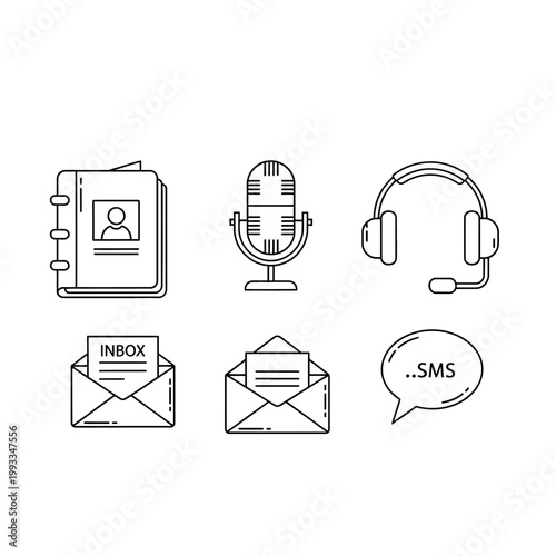 Set of communication and contact icons: address book, microphone, headphones, inbox, envelope, sms