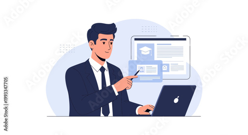 Man in suit working on laptop with educational interface on screen, online learning concept