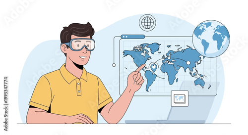 Man in VR goggles points at world map on screen, global travel concept