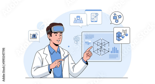 Man in VR headset interacting with digital 3D model and data on screen
