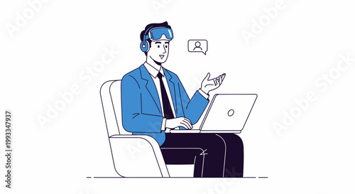 Man in VR headset working on laptop, virtual meeting, remote work concept