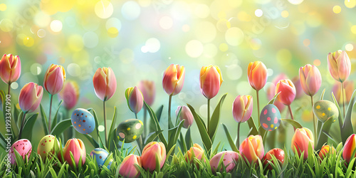  Easter Spring Tulip Field with Hidden Eggs | Colorful Easter Celebration Background | Spring Flower Garden with Easter Eggs