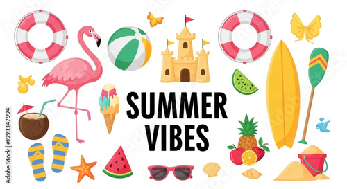 Summer Vibes Vector Illustration Set: Tropical Beach Icons and Vacation Elements
