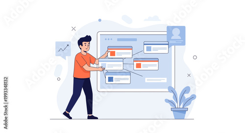 Man organizing project workflow on a digital board, business strategy and planning concept