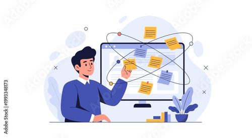 Man organizing sticky notes on computer screen, project management concept